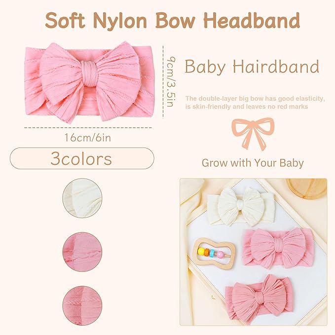 JOYOYO 3 Pcs Soft Wide Turban Baby Headbands with Double-Layer Bow for Baby Girls, Newborns, Toddlers(Beige, Pearl Pink, Pink)