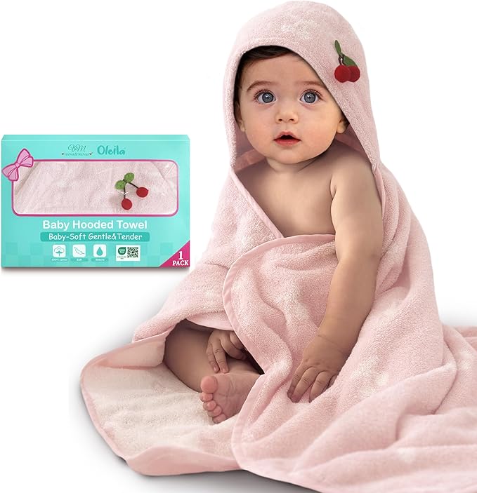 VOOVA & MOVAS Luxury Pink Cherry Baby Hooded Bath Towel - 100% Cotton,420GSM, 30.5x36 Inches,0-2Years, Super Absorbent Large Towel with Hood for Newborn,Infant,Thick, Baby Essentials,Pink Cherry