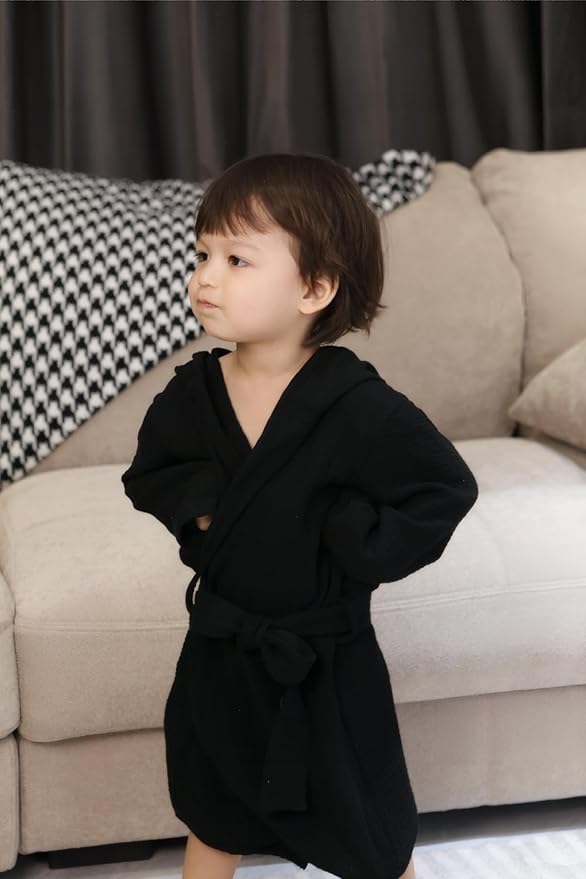 Organic Cotton Toddler Bathrobe, Soft and Breathable Baby Robe for Kid, Boy& Girl Hooded Robe Muslin