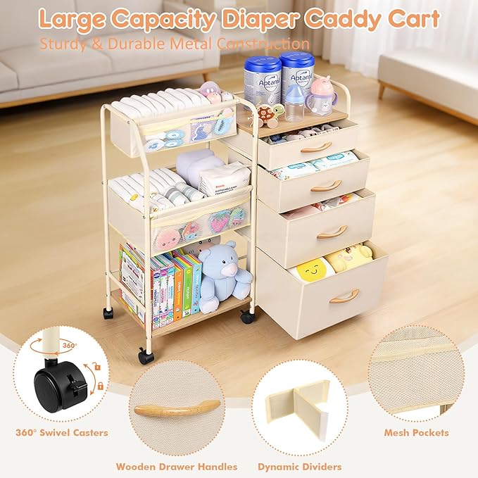 Fabuday Baby Diaper Caddy Organizer Cart - 4 Tier Rolling Diaper Cart with Wheels, Baby Essentials Organizers and Storage, Mobile Utility Carts for Bedside, Crib Nursery, Bedroom, Changing Table