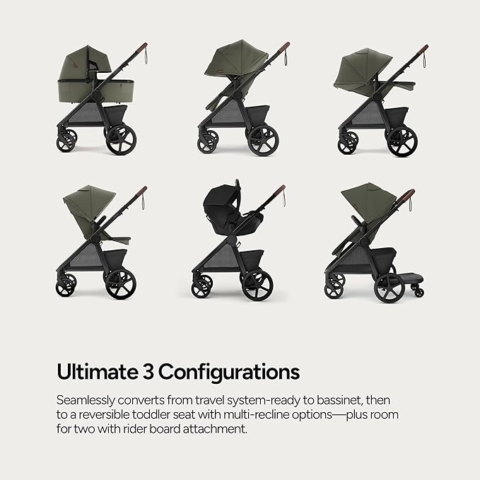 Mompush Ultimate 3 Full Size Baby Stroller from Newborn to 50 lbs - All-Terrain Large Wheels with Full Suspension, Reversible & Extendable Seat for Growing Kids, One-Second Compact Fold