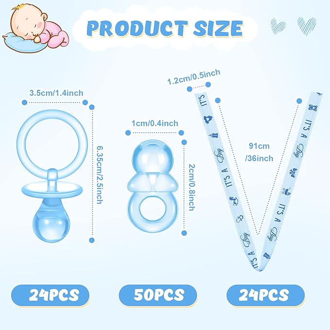 74 Pieces Baby Shower Pacifiers 24 Necklace Acrylic Plastic Pacifiers Baby Shower Game 50 Mini Plastic Charm Bulk for Party Decorations Games Table Scatter(Blue)