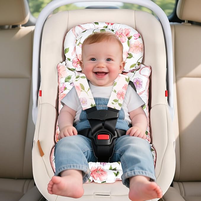 Infant Car Seat Insert with Removable Cushion for Baby Girls, Reversible Newborn Carseat Insert for Baby Head Body Support, Fits for Stroller, Baby Swing, Bouncer (Pink Bow)