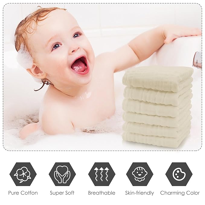 Cute Castle 12 Pack Muslin Baby Washcloths - Large 12'' by 12'' - Ultra Soft 100% Cotton - Super Absorbent Burp Cloths for Unisex, Boy, Girl -Ivory