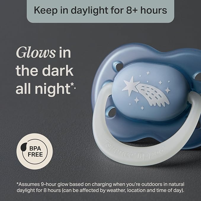 Tommee Tippee NightGlow Pacifiers, 6-18 Months, Glow in The Dark, Symmetrical Nipple, 100% BPA Free Silicone, Dishwasher and Sterilizer Safe, Twilight Tones, Pack of 4