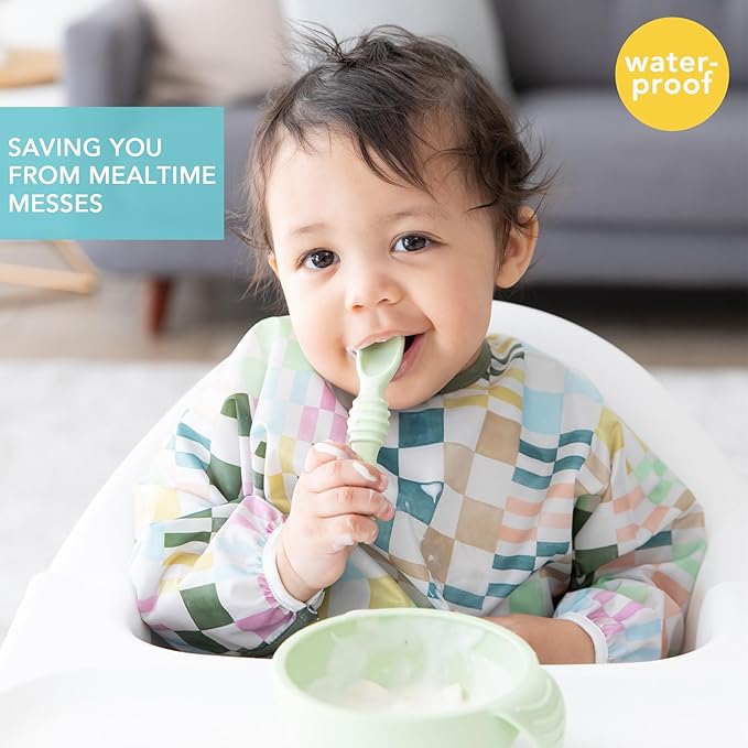 Bumkins Sleeved Bib for Girl or Boy, Baby and Toddler for 6-24 Mos, Essential Must Have for Eating, Feeding, Baby Led Weaning Supplies, Long Sleeve Mess Saving Food Catcher, Soft Fabric, Multi Check