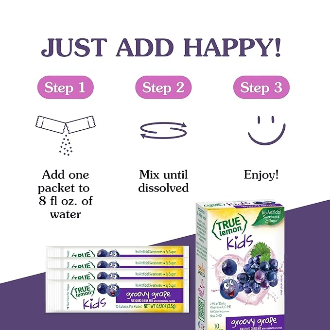 TRUE LEMON KIDS Groovy Grape (10 Packets) for Hydration - No Preservatives, No Artificial Flavors, No Artificial Sweeteners - Low Sugar Water Flavoring - Powdered Drink Mix for Kids