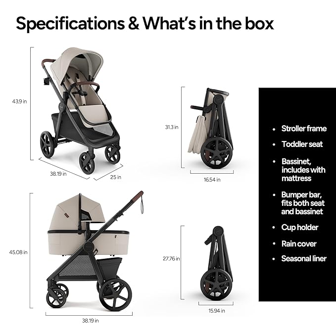 Mompush Ultimate 3 Full Size Baby Stroller with Bassinet from Newborn to 50 lbs - All-Terrain Large Wheels with Full Suspension, Reversible & Extendable Seat for Growing Kids, One-Second Compact Fold
