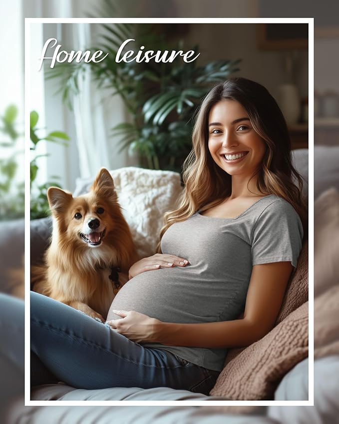 4 Pack Women's Maternity Shirts Cotton Square Neck Pregnancy Tops Side Ruched Summer Short Sleeve Tees Multipack