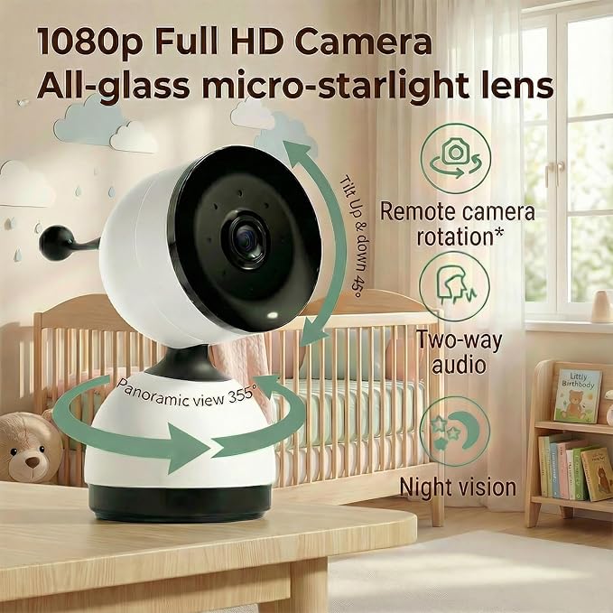 Smart Baby Monitor with 1080P Camera, Night Vision, 2-Way Audio & Cry Detection | No WiFi, Temp Sensor, 1000ft Range, Rechargeable Parent Unit for Nursery