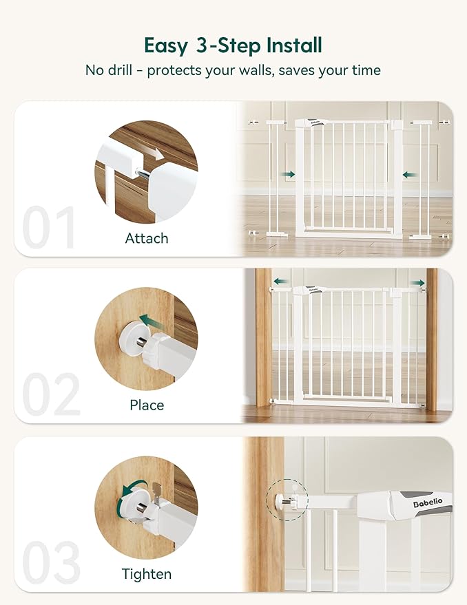 Babelio Baby Gate, 29-48 Inch Auto Close Pet Gate PressGuard P7, Easy Install Pressure-Mounted Safety Gate, Extra Wide Pet Gate for Stairs and Doorways, 2 Pack White