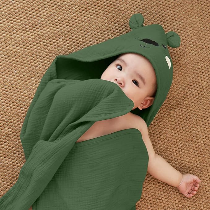 FIOBEE Hooded Baby Towels 100% Muslin Baby Bath Towels for Newborn with Animal Design Ultra-Soft and Absorbent Bath Essentials for Toddler, Unisex Girls Boys 30 x 30 inch, Green Bear