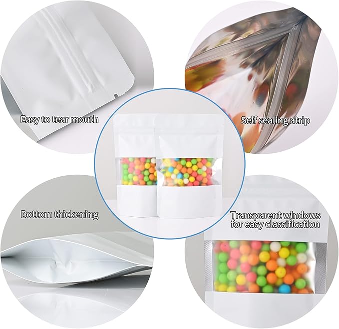 100 Pieces Smell Proof Mylar Bags, Resealable Food Storage Bags with Clear Window, Foil Pouch Stand-up Bags for Food Self Sealing Storage Supplies (White, 4.7 x 7.8 Inch)