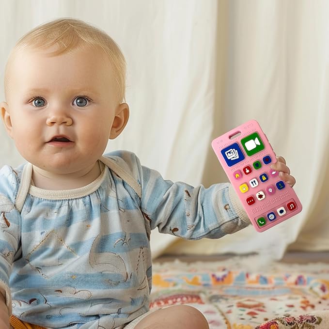 Baby Silicone Teething Toys, Phone Teether Toys for Toddlers 3-18 Months, Boys Girls Babies Teething Toy, Baby Chew Toy, Freezer BPA Free, Pink