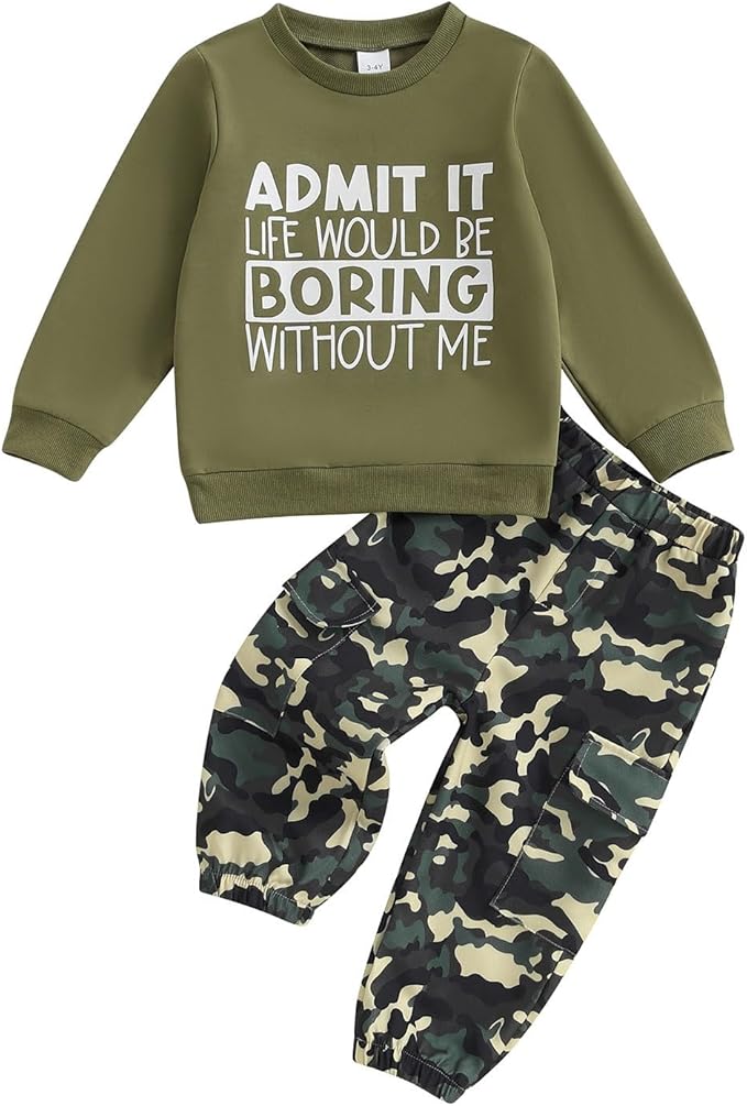 wdehow Toddler Kids Baby Boy Fall Outfits 1T 2T 3T 4T 5T Letter Print Long Sleeve Tops Camouflage Pants Winter Clothes Sets