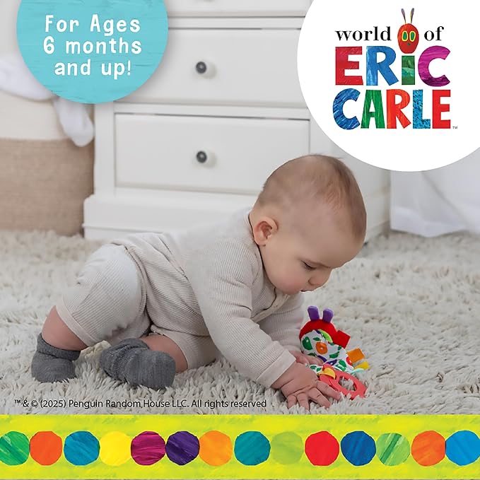 Kids Preferred Eric Carle Toddler Toys The Very Hungry Caterpillar Sensory Toy with Crinkle Orange Slice and Teether Ring for Car Seat and Stroller