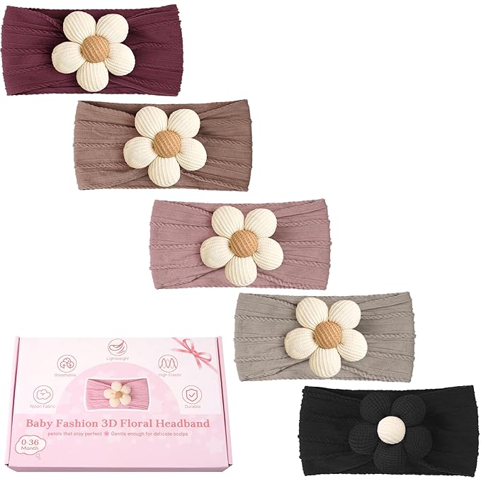 CÉLLOT 5 Pcs Baby Flower Headbands Baby Girls Nylon Headbands Soft Hairbands Hair Accessories for Newborn Infant Toddler Kids(Autumn/Winter Colors)