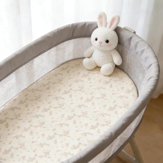 100% Organic Cotton Muslin Baby Bassinet Sheets 2 Pack 33”x17” for Baby Girl Boy, Soft Fitted Mattress Pad Cover Compatible with Halo BassiNest Swivel Sleeper, Graco, Baby Delight, Chicco, Angelbliss