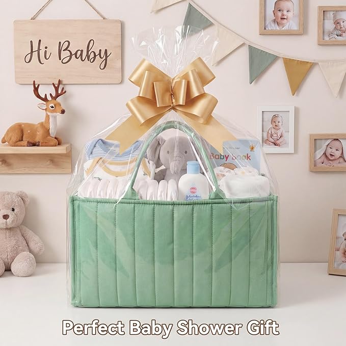 Green Diaper Caddy Organizer for Changing Table, Nursery Storage Basket for Diaper Stations with Removable Dividers, Newborn Baby Essentials & Registry Must Haves, Gift for Baby Shower