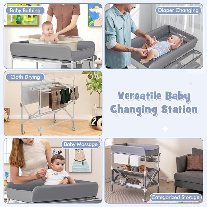 HONEY JOY Changing Table, Foldable Baby Mobile Nursery Organizer w/Wheels, Adjustable Heights, Storage Bag & Shelves, Waterproof Diaper Changing Station Dresser, Portable for Newborn Infant (Gray)