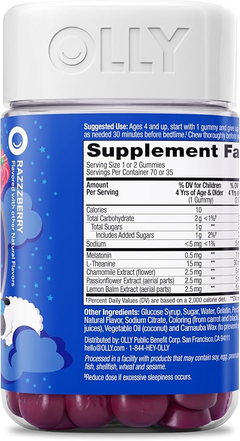 OLLY Kids Sleep Gummies, 0.5mg Melatonin, L Theanine, Chamomile, and Lemon Balm, Raspberry - 70 Count