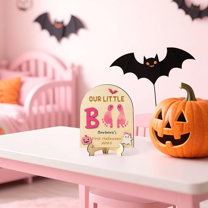 R HORSE DIY Halloween Footprint or Handprint Art Sign with Ink Pad, 3D Pink Pumpkin Newborn Milestone, Baby’s 1st Halloween Footprint Keepsake Craft Gift Our Little Boo Baby Shower Nursery Decor