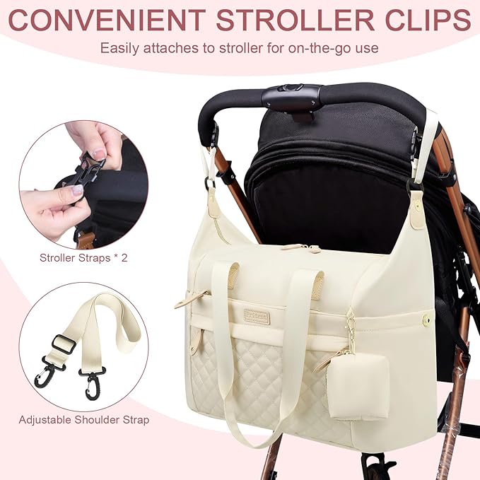 Diaper Bag Tote - Diaper Baby Bags with Pacifier Case, Shoulder Straps, Stroller Clips, Waterproof Large Mommy Maternity Travel Baby Bag for Mom and Dad, white