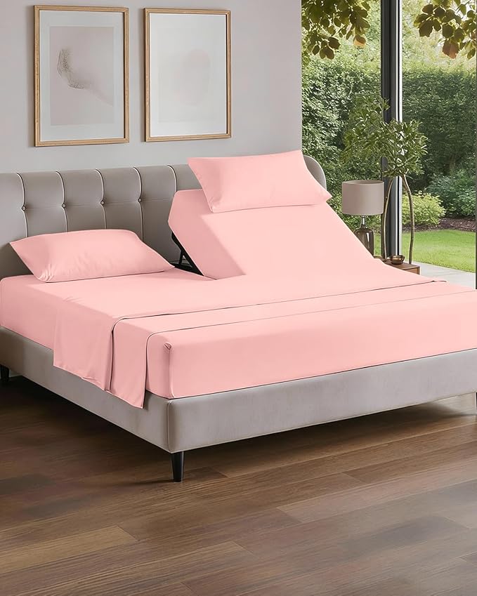Split Head King Sheet Set – 4 Piece Flex Split Top King Sheets for Adjustable Beds - Fits 14” to 16" Mattress w/ Deep Pockets - Soft, Breathable & Cooling - Luxury Bedding and Wrinkle Free - Baby Pink