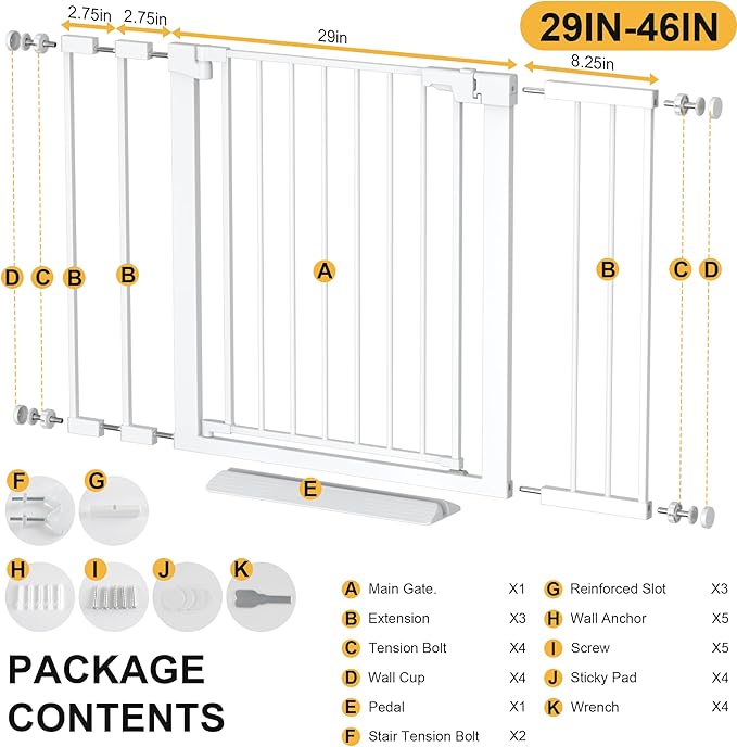 29-46 inches Metal Baby Gate for Stairs/Doorways, 30 inches Tall Pressure Mounted Pet Gates, Auto-Close Child Safety Gate, No Drilling Easy Walk-Through Dog Gate Indoor, White