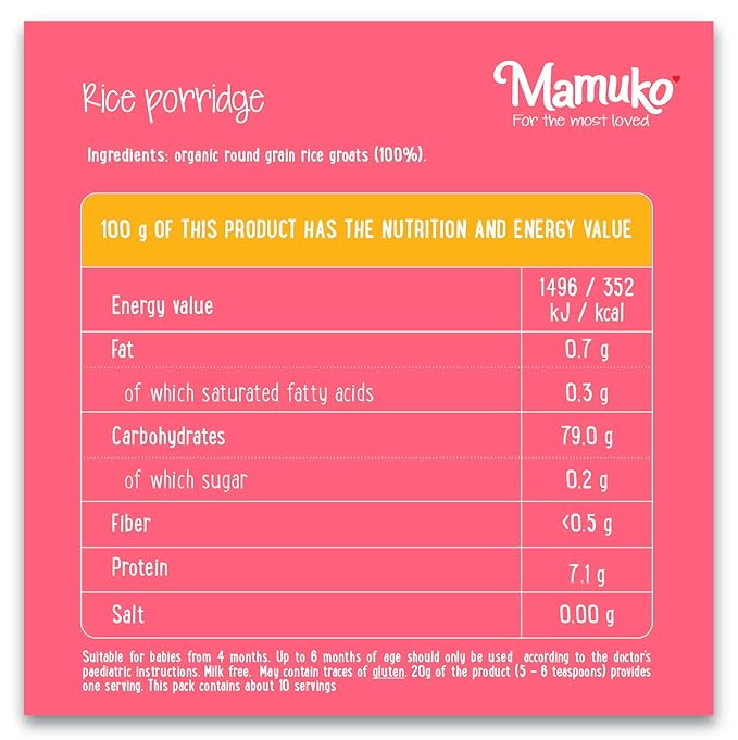 MAMUKO Organic Porridge - Rice Porridge with No Added Sugar, Milk & Preservatives - High Fiber Porridge Developed with EU Experts - Healthy Porridge Ideal for Little Ones from 4+ Months - 12 Servings