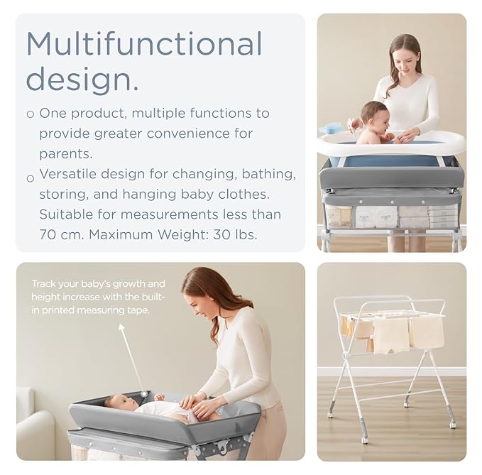 KUB Portable Baby Changing Table, Foldable Diaper Changing Table with Wheels for Nursery, Toddler Changing Table with Adjustable Height, Portable Changing Table for Newborn, Infant Grey