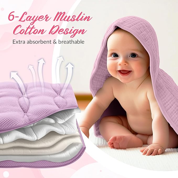 6 Pcs Muslin Hooded Bath Towels Washcloths and Bibs Set, Muslin Cotton Baby Towels Absorbent Hooded Blanket Towel Infant Bibs for Boys Girls Newborn Infant Essential(White, Pink)