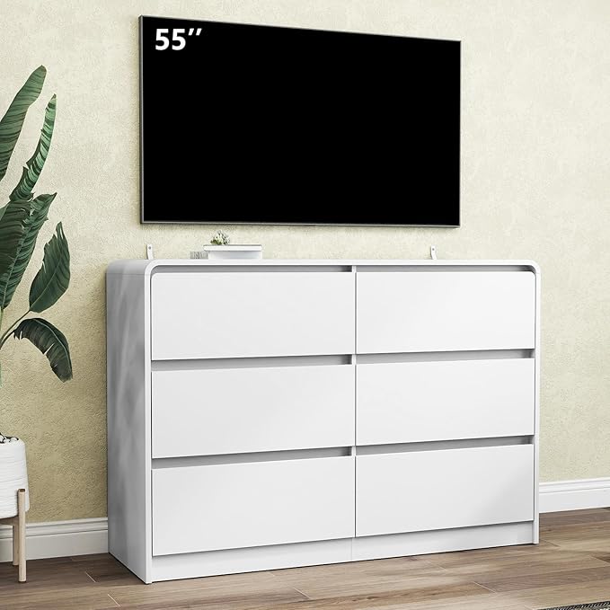 White 6 Drawer Dresser for Bedroom,Modern Chest of Drawer with Curved Corner and No-Handle Design,Bedroom Storage Organizer Dresser for Closet,Hallway