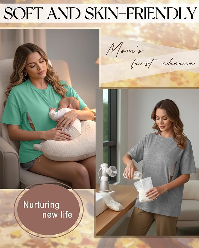 3 Pack Women's Oversize Nursing Breastfeeding Shirts Hidden Zipper Short Sleeve Loose Fit Maternity Tops