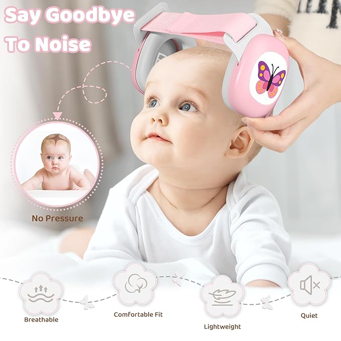 Baby Earmuffs,Baby Noise Cancelling Headphones with Butterfly Pattern, Infant Ear Protection for Toddler 0-48 Months,Infant Travel Essentials for Airplane/Improves Sleep