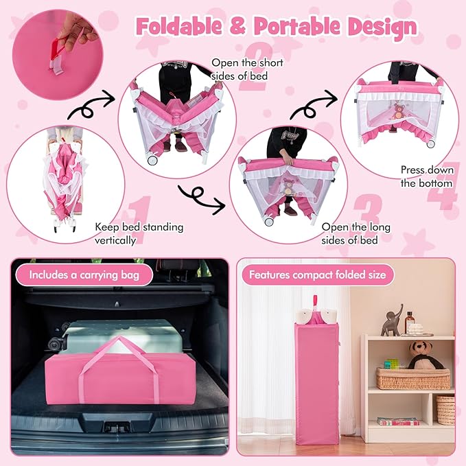 BABY JOY 4 in 1 Pack and Play with Canopy, Portable Baby Playard with Bassinet, Double-Layer Baby Crib, Wheels & Brake, Foldable Baby Girl Pink Princess Bassinet from Newborn to Toddler