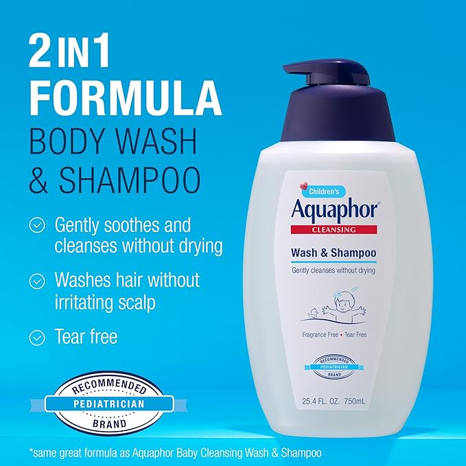 Aquaphor Children's Body Wash and Shampoo, Fragrance Free, Tear Free Shampoo and Body Wash for Kids, From Pediatrician-Recommended Brand, 25.4 Fl Oz Pump Bottle