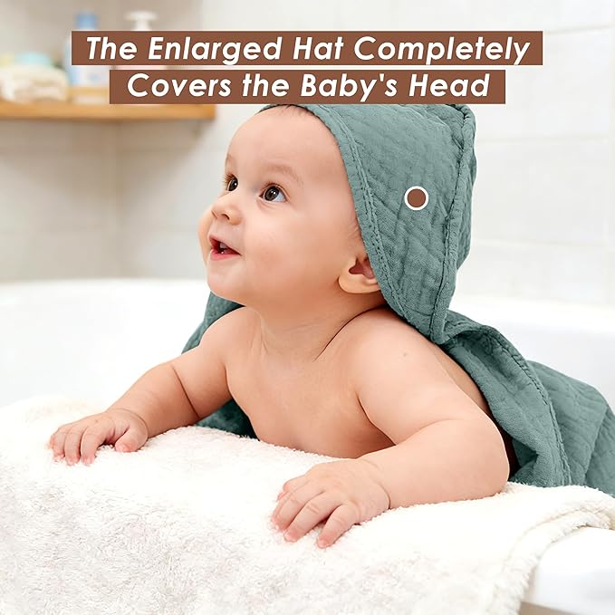 3-Pack Muslin Hooded Baby Towels, 100% Cotton, Ultra-Soft & Absorbent Baby Bath Towels with Hood for Babies, Infant, Toddler and Newbron (Emerald Series,32" x 32")