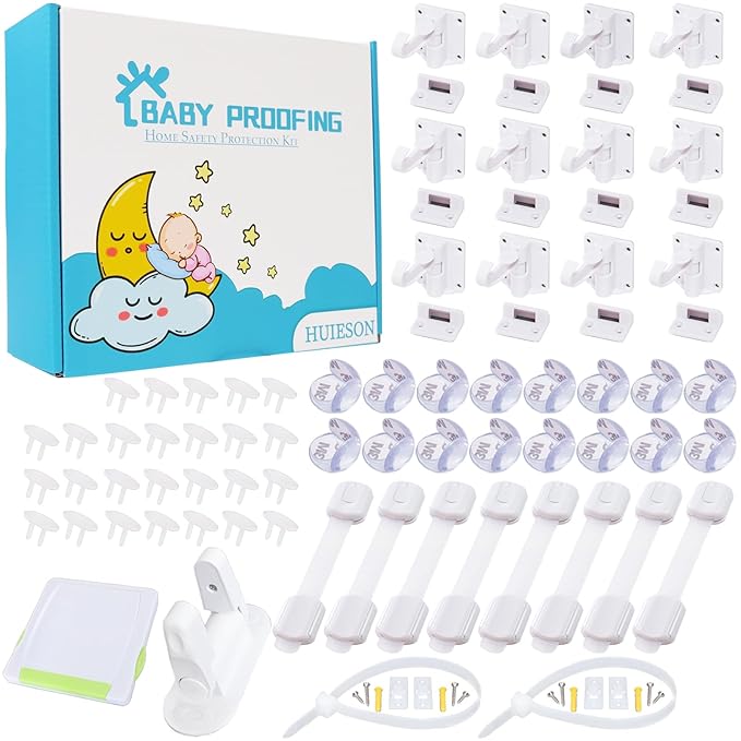 66 Pack Baby Proofing Kit | 12 Hidden Cabinet Drawer Locks, 8 Adjustable Latches, 26 Outlet Covers, 16 Corner Guards, 2 Anti Tip Furniture Anchors Kit, 1 Sliding Door Lock & 1 Door Lever Lock