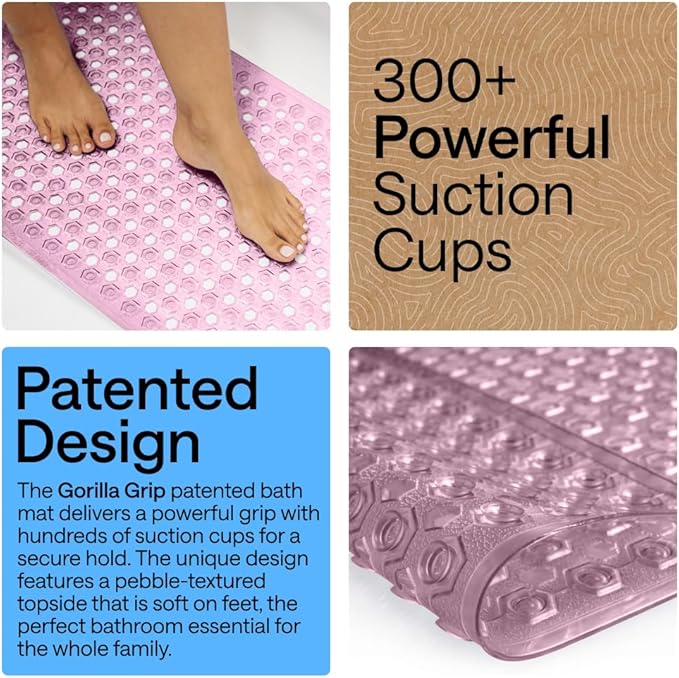 GORILLA GRIP Patented Bath Tub Shower Mat, Machine Washable Bathtub Floor Liner Mats, Suction Cups and Drain Holes to Keep Tubs Clean, Soft on Feet, Bathroom Essentials, 35x16 Inch, Clear Purple