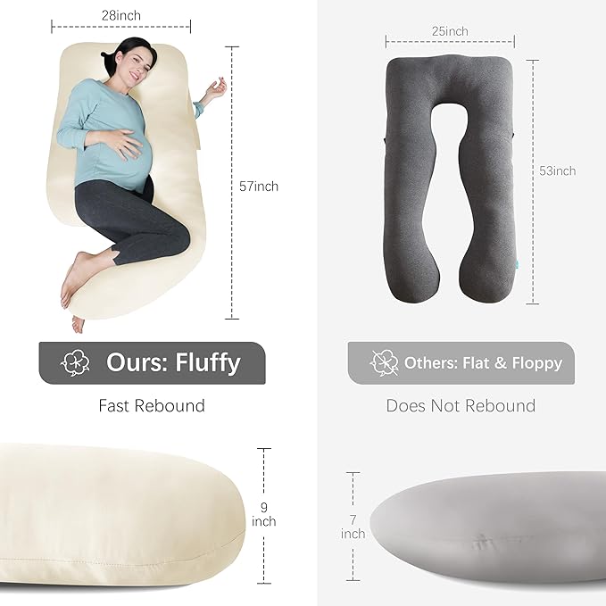 MOON PARK Pregnancy Pillows for Sleeping - U Shaped Full Body Maternity Pillow with Removable Cover - Support for Back, Legs, Belly, Hips - 57 Inch - Ivory - Cooling Cover