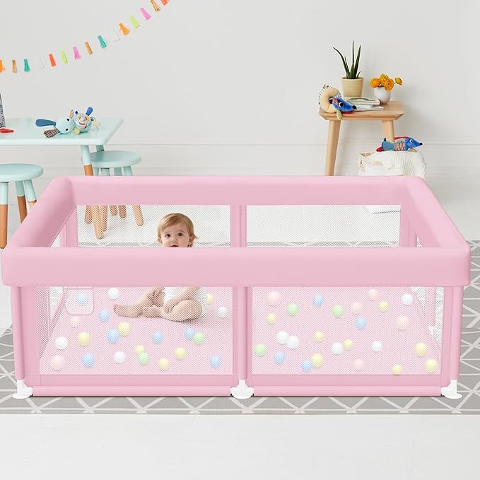 Large Baby Playpen 50"x50" Baby Girl Play Pen for Babies and Toddlers, Safe Structure and Soft, Skin-Friendly Fabric with Zipper Gates Pink