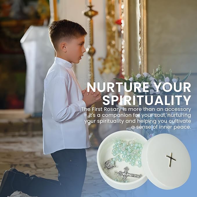 Baptism Gifts for Boys – Blue Rosary with Ceramic Keepsake Box and Card, Catholic Communion Gift, Christening and Baby Shower Rosary Beads, Sweet Treasures Gifts, Blue