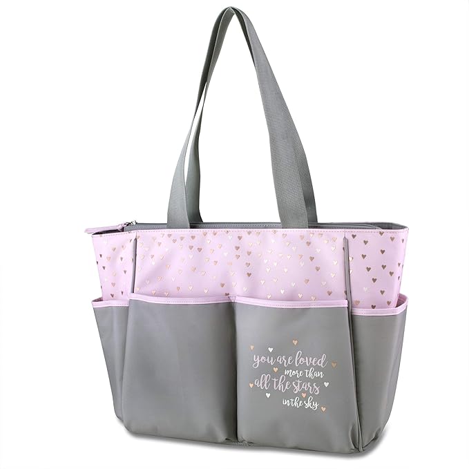 Baby Essentials Diaper Bag Tote 5 Piece Set with Sun, Moon, and Stars, Wipes Pocket, Dirty Diaper Pouch, Changing Pad (Grey/Pink)