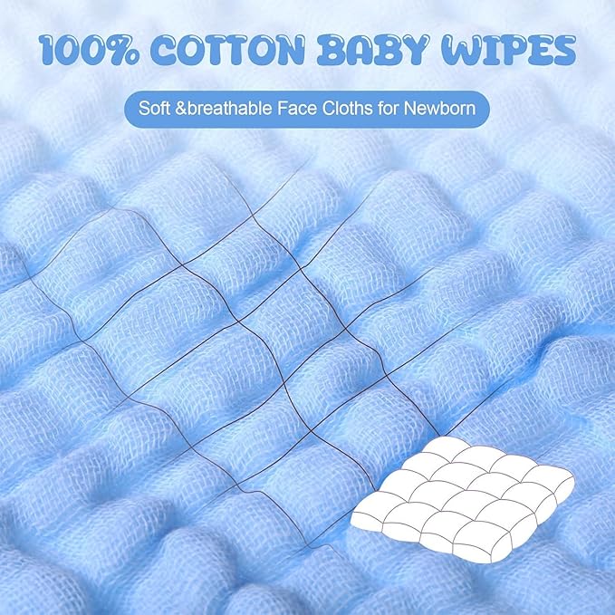 Chumia 30 Pcs Baby Muslin Washcloths Muslin Burp Cloths Baby Towel Natural Cotton Burp Cloths Wipes Soft Newborn Face Towel Absorbent for Face Bath Shower, 12 x 12'' (Light Blue, White, Blue)