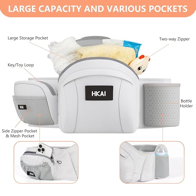 HKAI Baby Hip Carrier,Baby Carrier with Adjustable Waistband & Breathable Mesh, Ergonomic Carrier with Non-Slip Hip Seat Surface for Newborns & Toddlers (Light Grey)