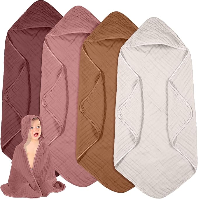 Peryiter 4 Pcs Muslin Hooded Baby Towels 32x32inch Cotton Newborn Bath Essentials Muslin Infant Blankets Absorbent Registry Baby Shower Present for Babies Girl Boy Kids (Dark Color)