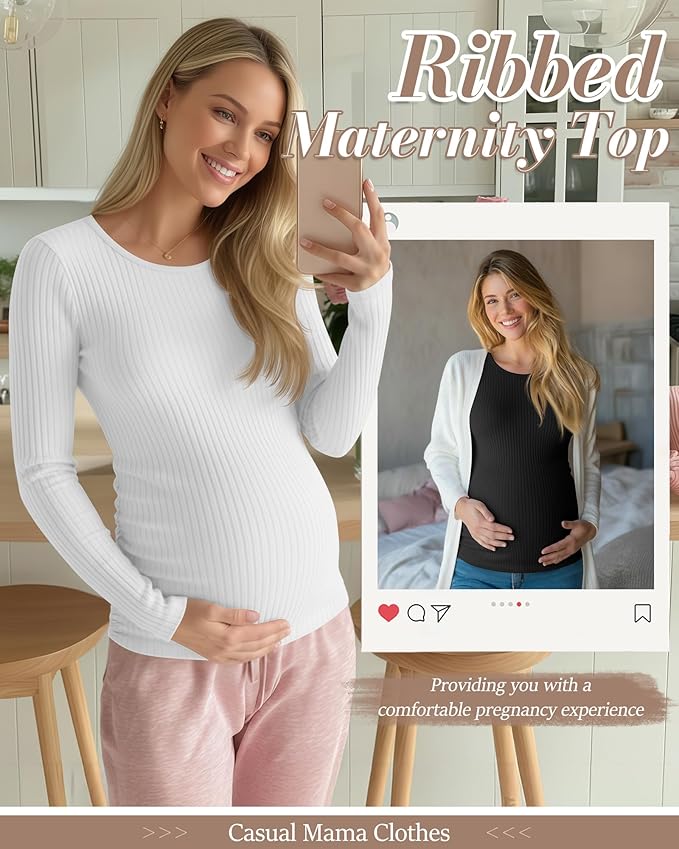 Huukeay 4 Pack Women's Maternity Shirts, Long Sleeve Cotton Ribbed Pregnancy Tops Side Ruched Crew Neck Casual Mama Clothes