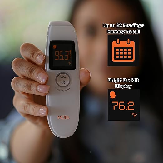 MOBI Air Non-Contact Forehead Thermometer w/Integrated Distance Sensor, Smart Medication Reminder & Memory Recall, Fever Thermometer, Forehead Thermometer, Digital Baby Thermometer, Body Temperature
