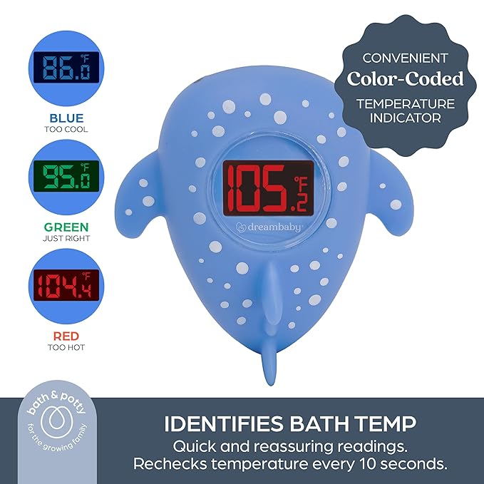 Dreambaby Whale Shark USB Rechargeable Baby Bath Thermometer - Instant Read, Digital Room and Baby Bathtub Water Fun Floating Toy - Newborn Must-Have